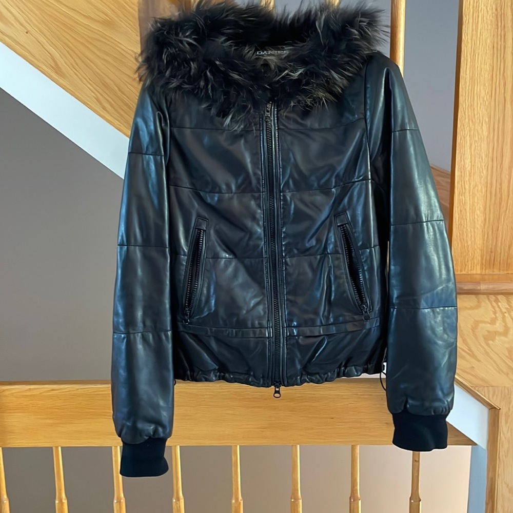 Leather puffer Jacket with real fur hood